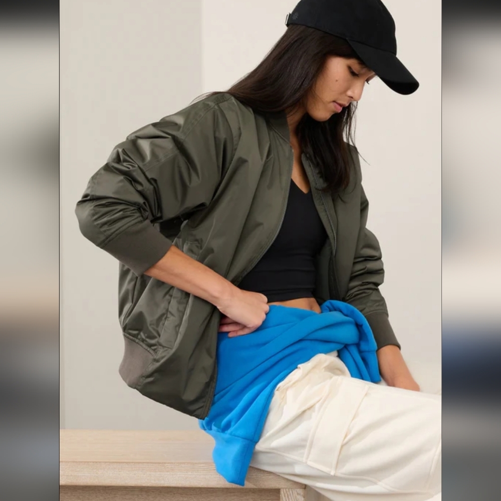 Athleta Sateen Bomber Jacket Green Size Women's L New $200 Nwot